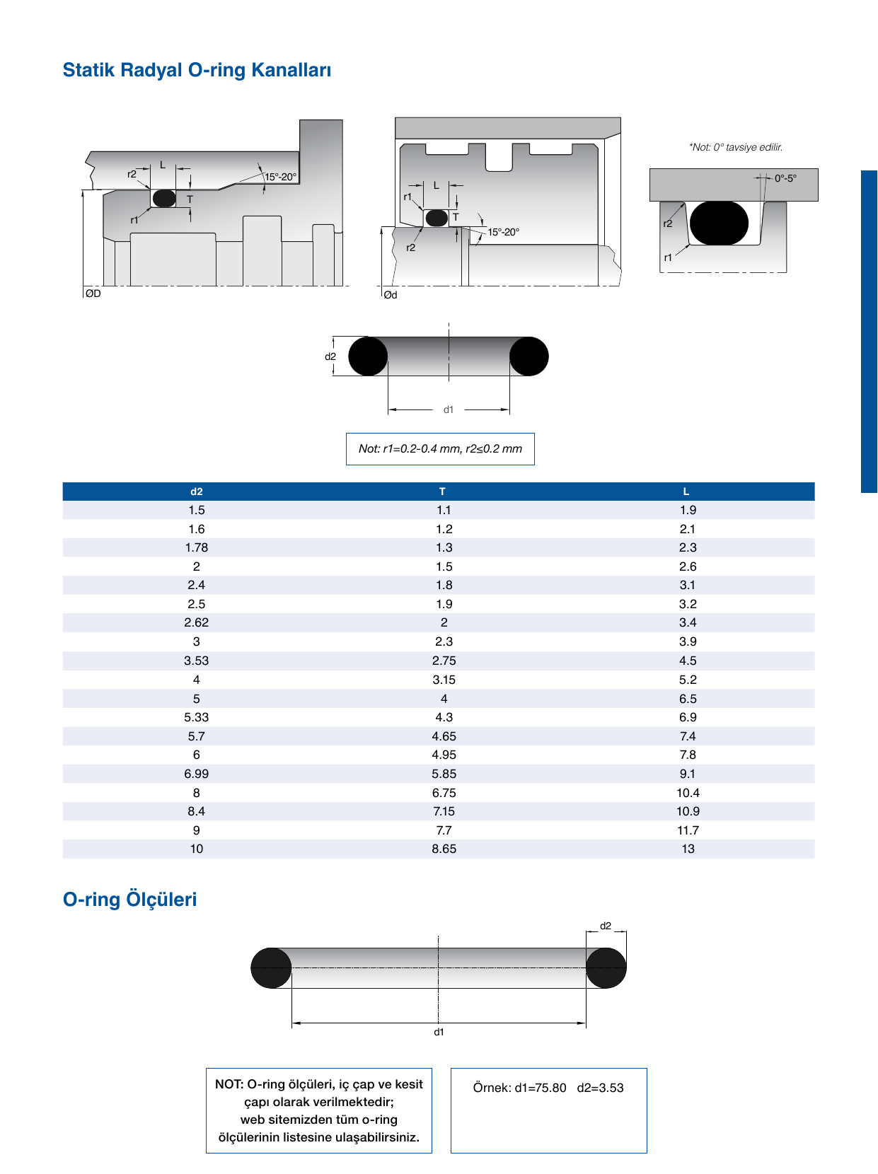 Kastaş technical catalogue drawing showing O-Ring inside diameter d1 and cross-section d2